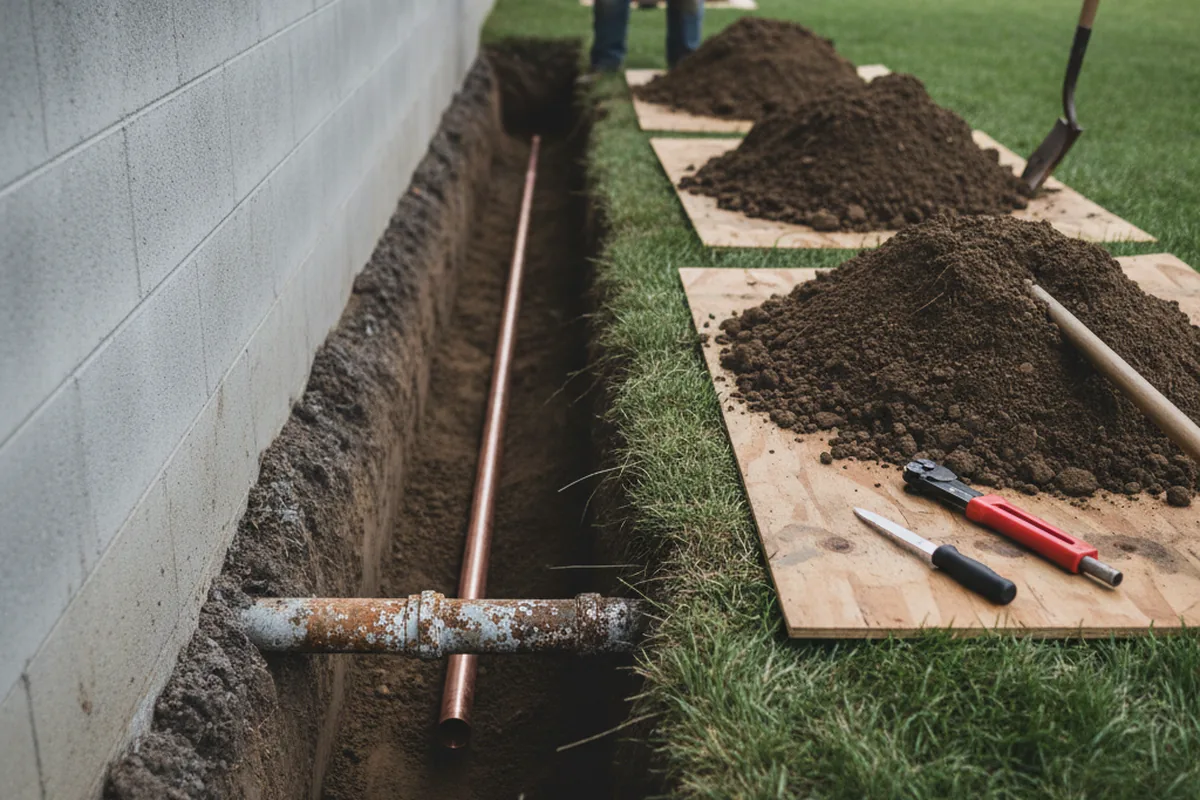 Excavated water line trench during Sewer Line Repair in Springfield Center